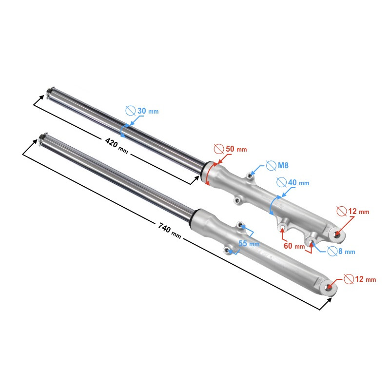 wymiary amortyzatorów przednich do Romet Chart 50